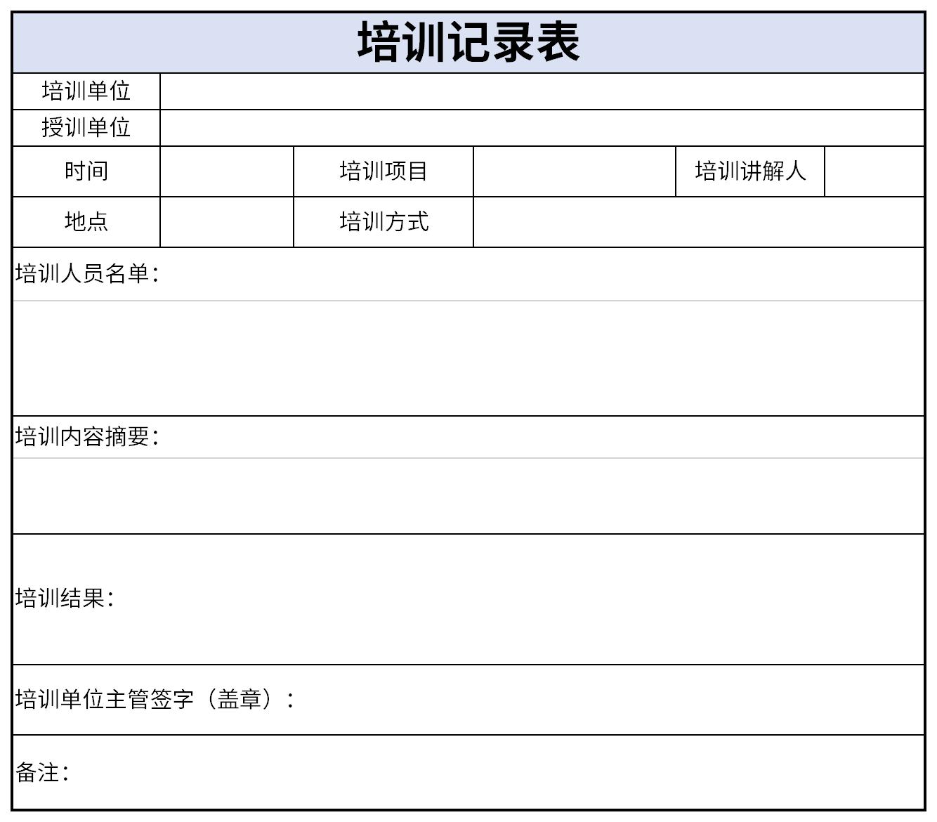 培训记录表模板